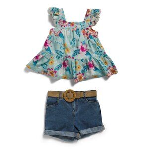 HAUTE HIPPIE STYLE Eggshell Girls Floral Tank With Denim Shorts Set